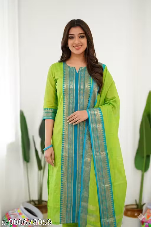 Traditional silk cotton Kurti with zari Kanchi border and contrast woven dupatta