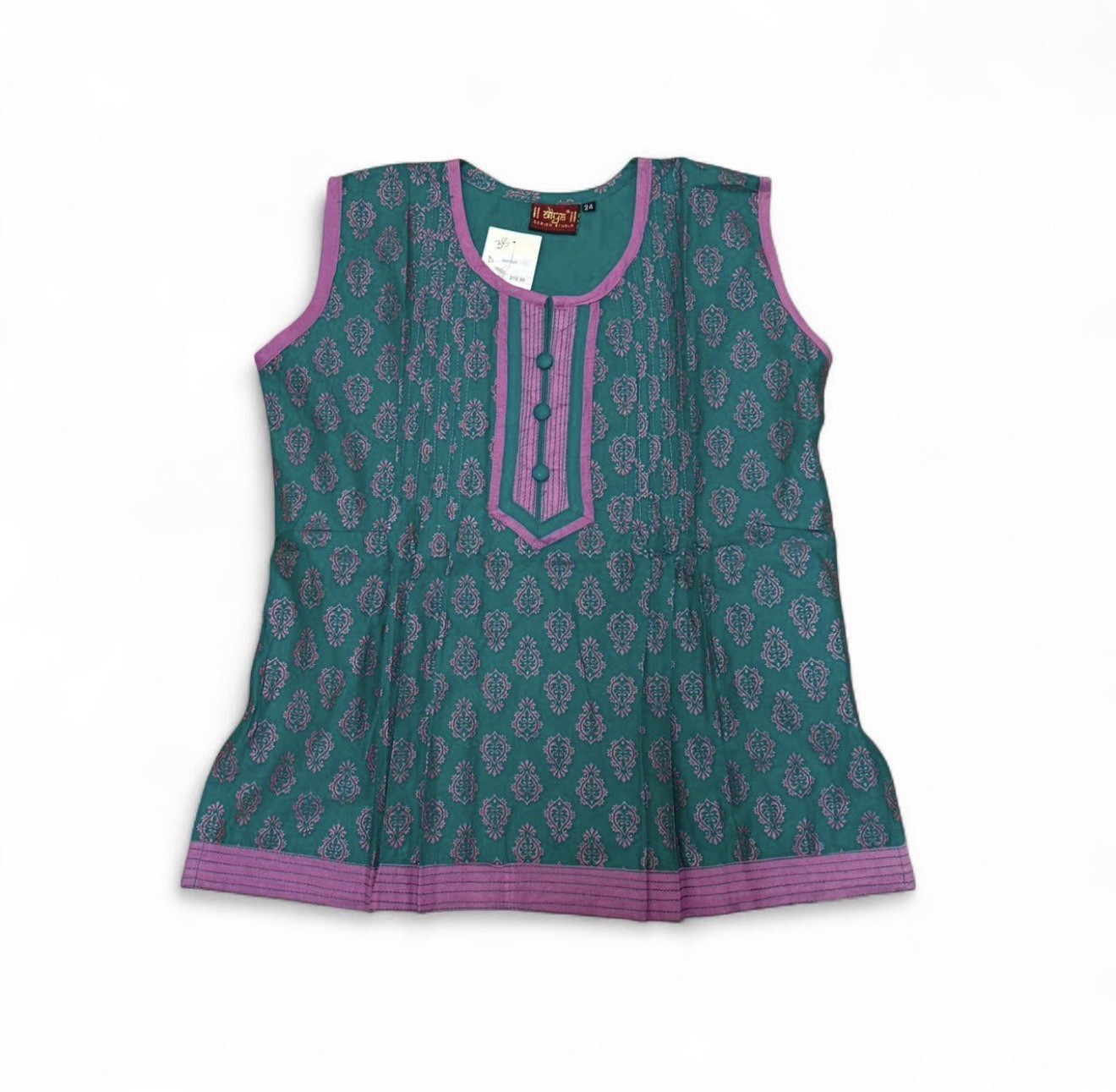 Teal And Pink Short Kurti Pleats Buttons NWT Cotton Blend