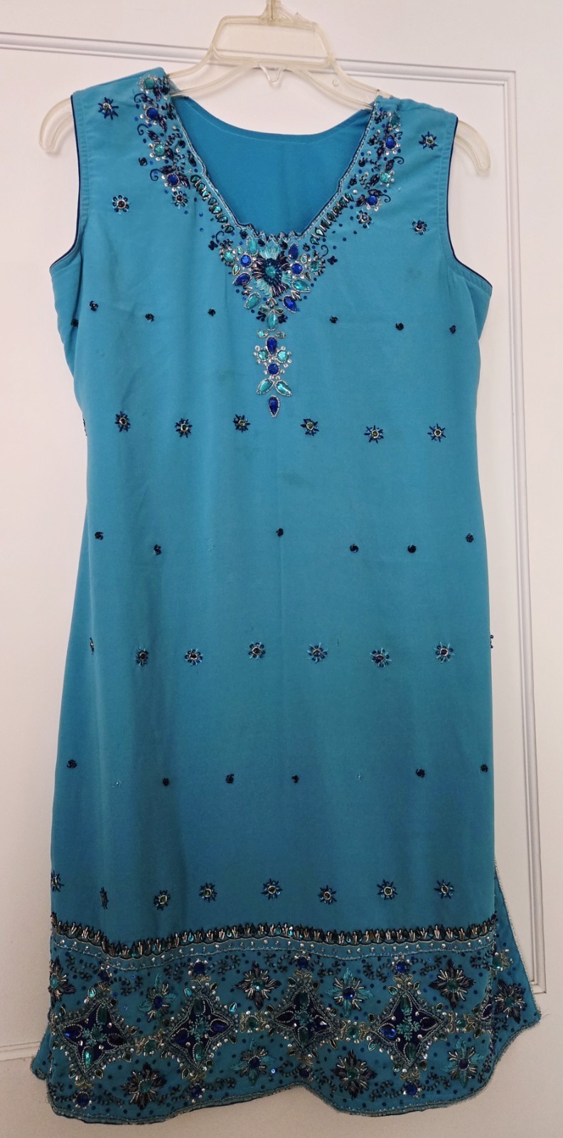 Embellished Indian Tunic Kurti Kurta Pakistani Dress Sz L Sleeveless Turquoise