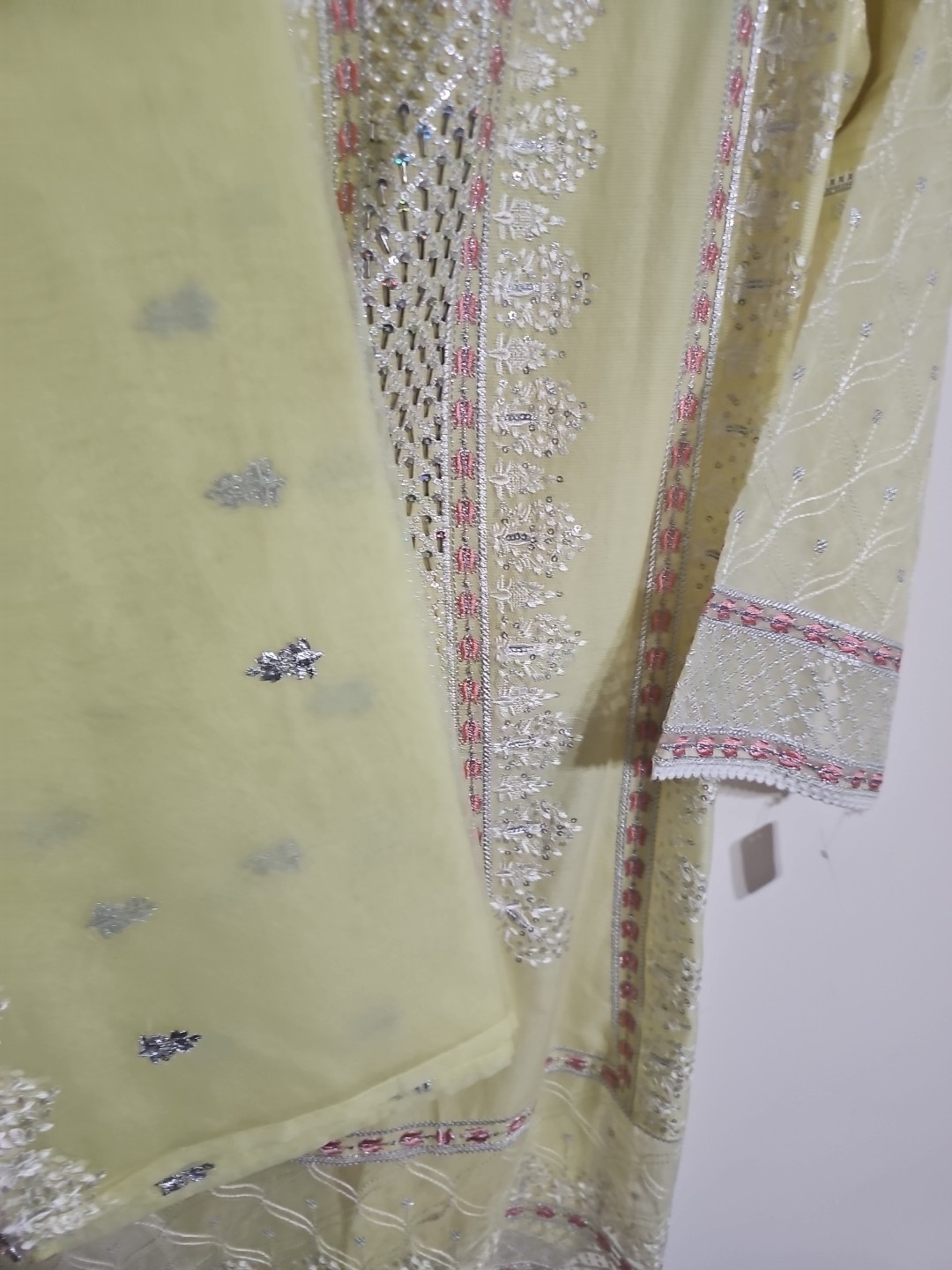Shalwar Kameez 3-Piece Set Lemon/Yellow with Beads Khadi Net
