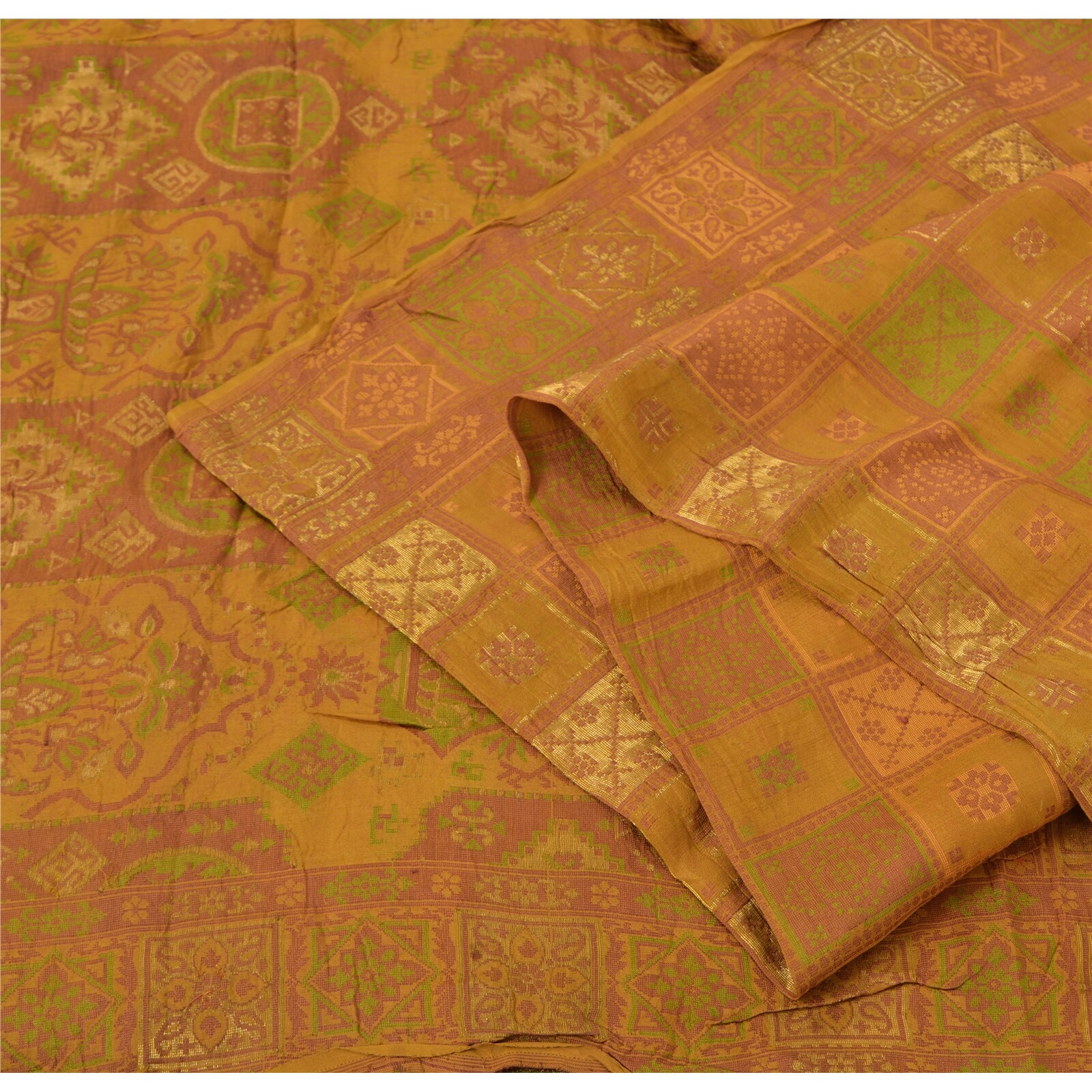 Sanskriti Vintage Mustard Sarees Pure Silk Hand Woven Premium Sari Craft Fabric