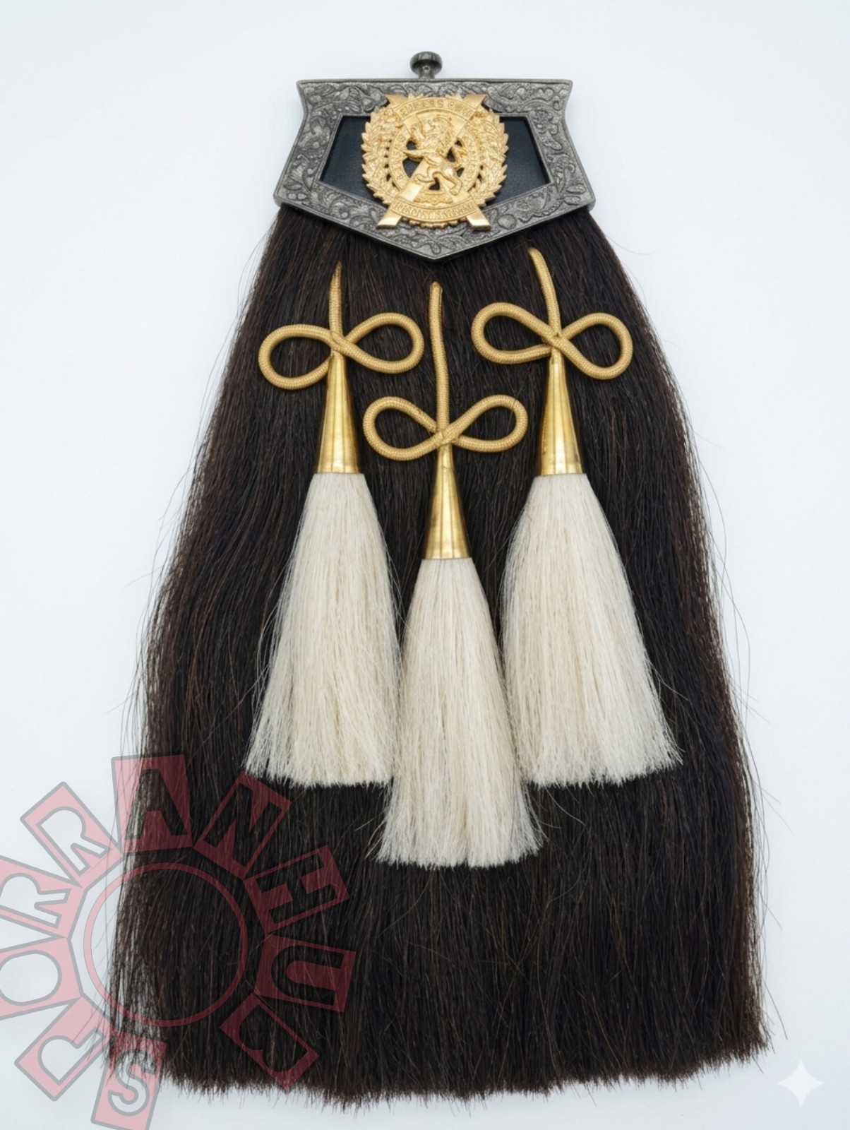 Regimental Brown Horsehair Sporran KOSB Brass Cantle 3 White Tassels Pipe Band