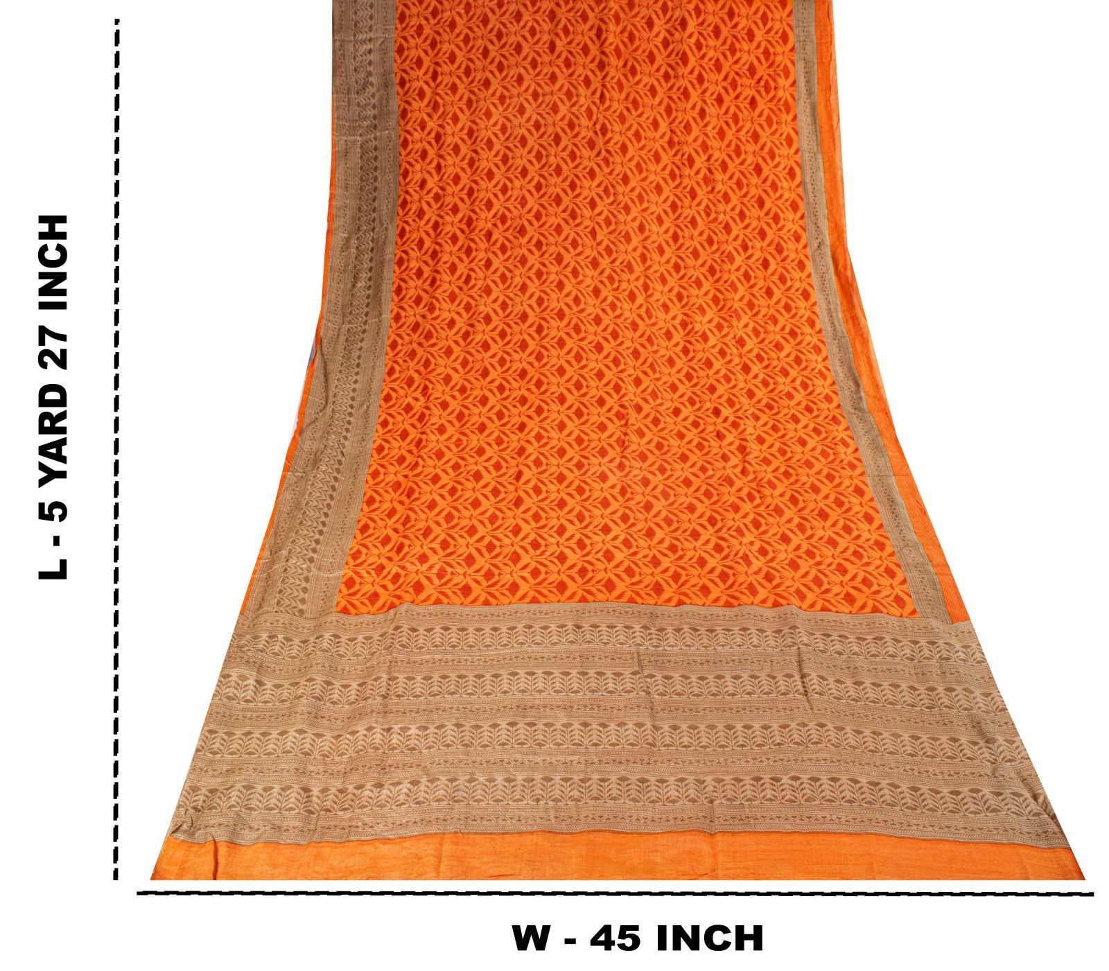 Sanskriti Vintage Soft Orange Pure Woolen Saree Floral Print Sari 5.5+Yd Fabric