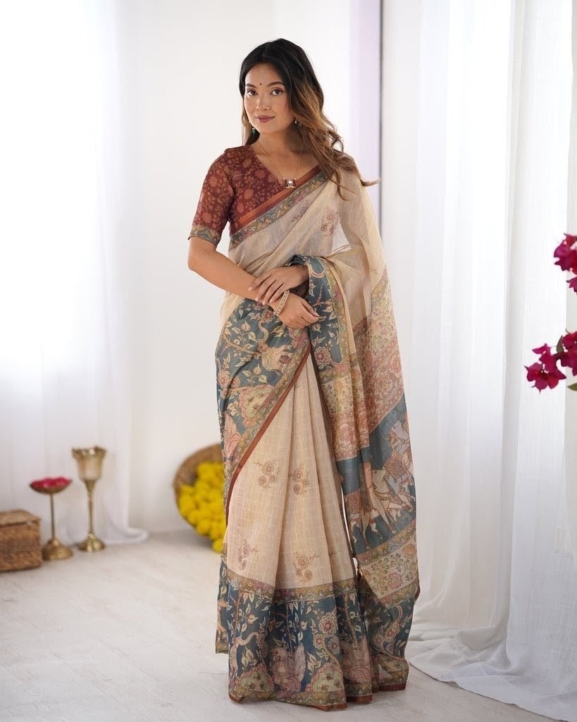 Linen Tissue Silk Saree Designer Party Wear Indian Sari Matching Blouse Piece