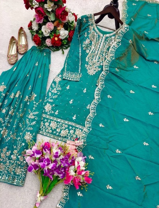 Designer Satin Silk Teal Green Top Palazzo With Dupatta For Reception Wear