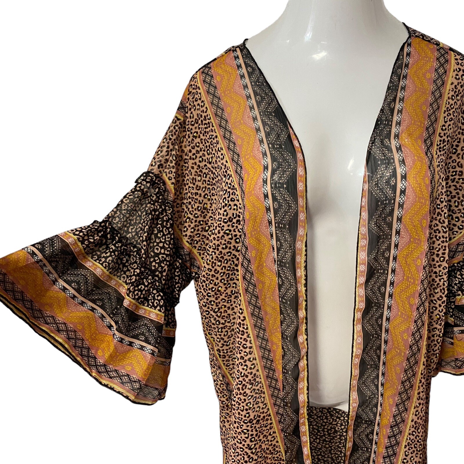 Democracy Kimono Womens Large Duster Brown Animal Ruffle Lagenlook Boho Office