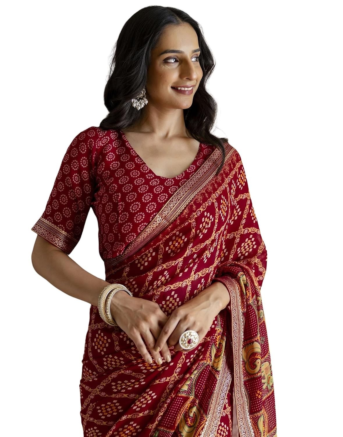 Women’s Georgette Bandhani Printed Saree With Unstitched Blouse Piece