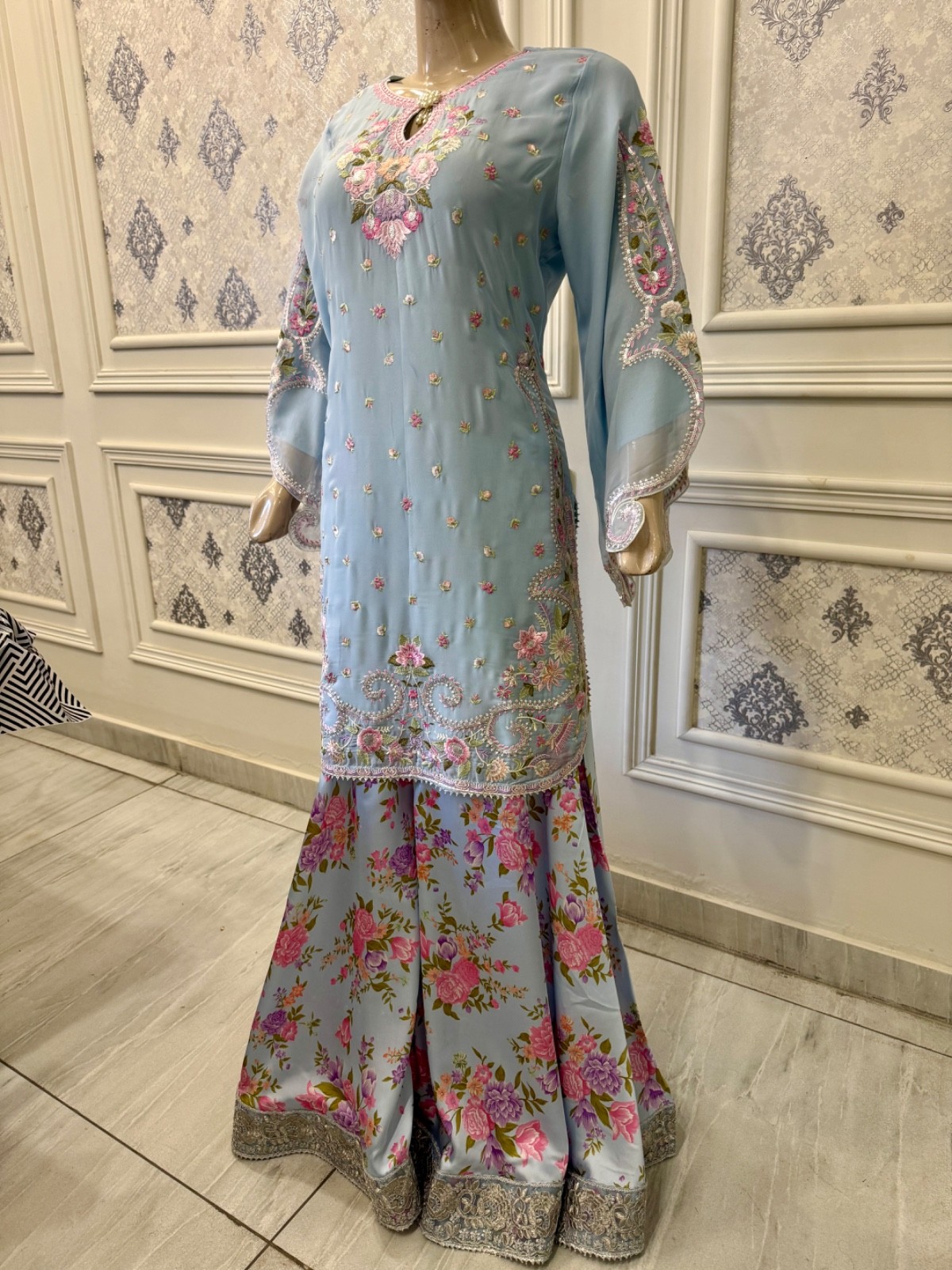 Pakistani Light Blue chiffon & Silk fancy Embroidered Sharara Dress,XL