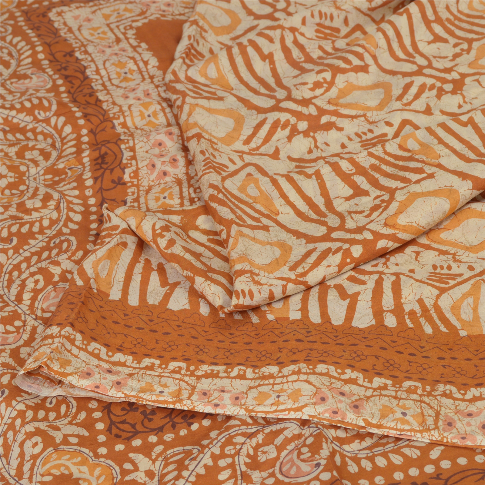 Sanskriti Vintage Sarees Batik Printed Brown 100% Pure Silk Sari 6Ydcraft Fabric