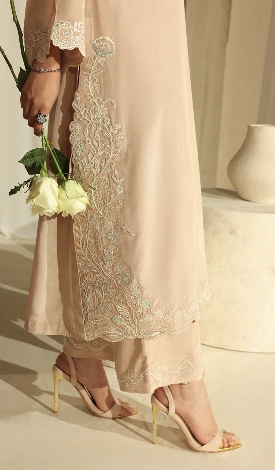 Beige Embroidered Raw Silk Pakistani Formal Outfit for Women