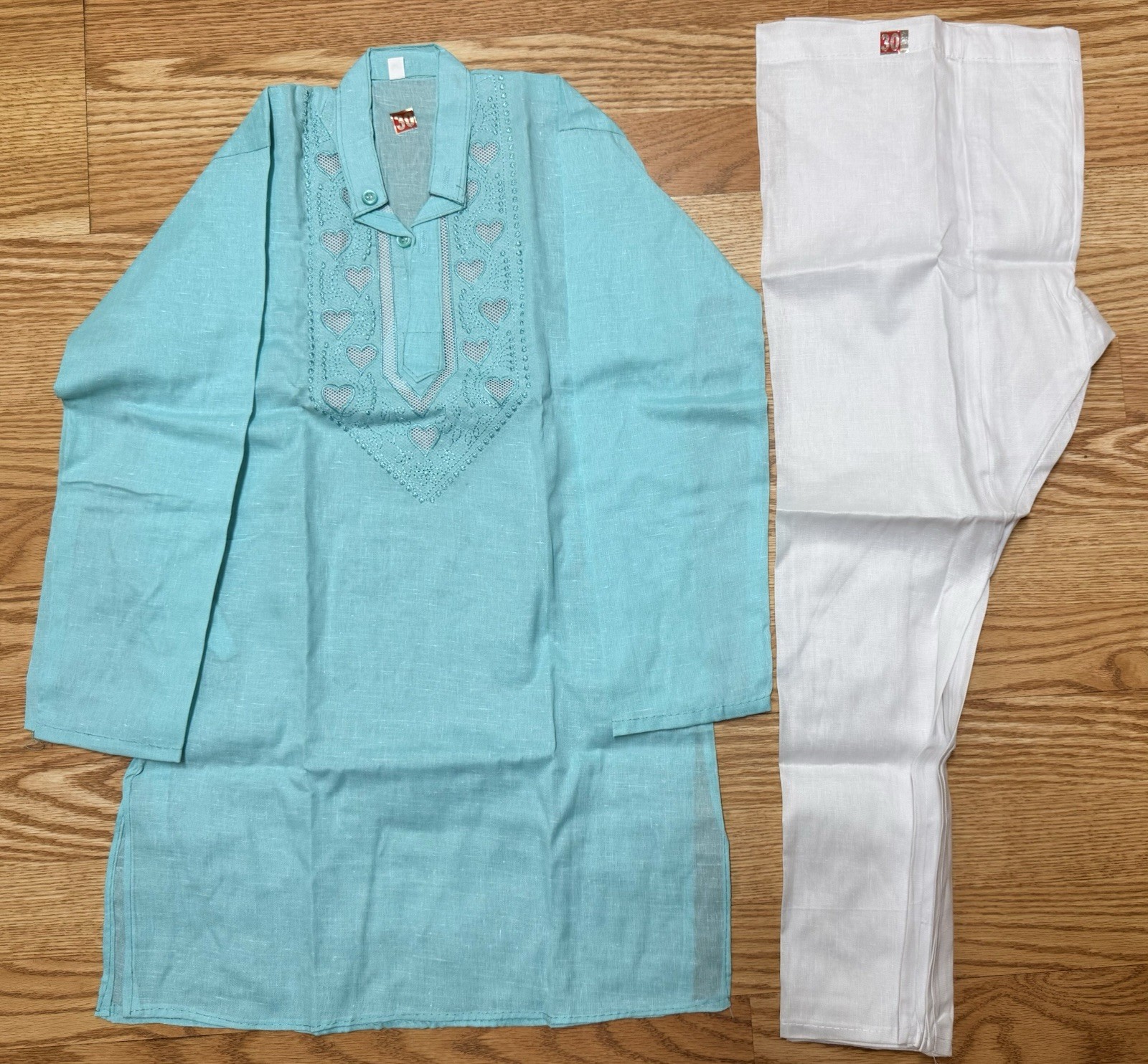 NEW Boys Sz 30 Indian Pakistan 10-11 yr Kurta pajama Bollywood mint cotton-2 pc