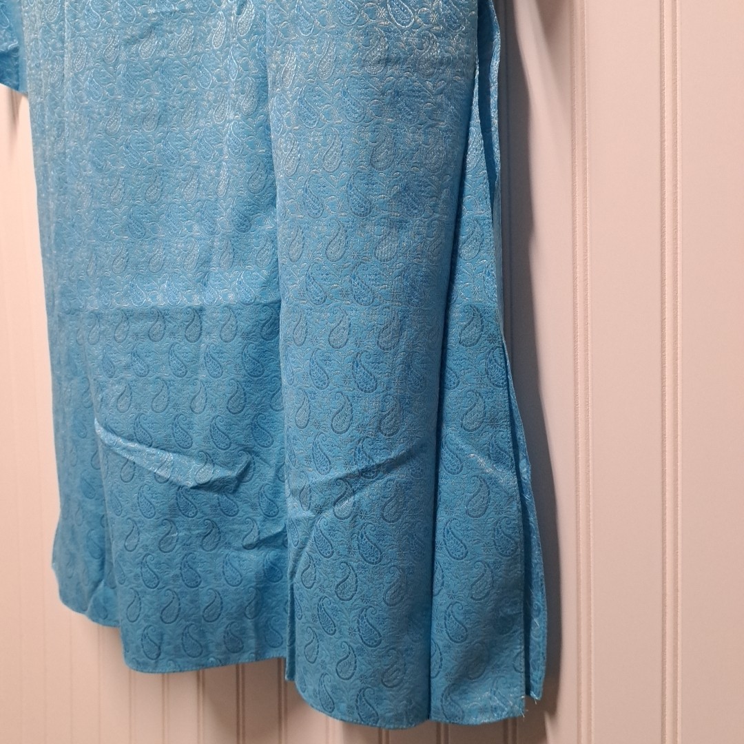 NWT Manyavar Kurta Mens Medium M 38 Blue Paisley Jacquard Silk Indian Pakistani