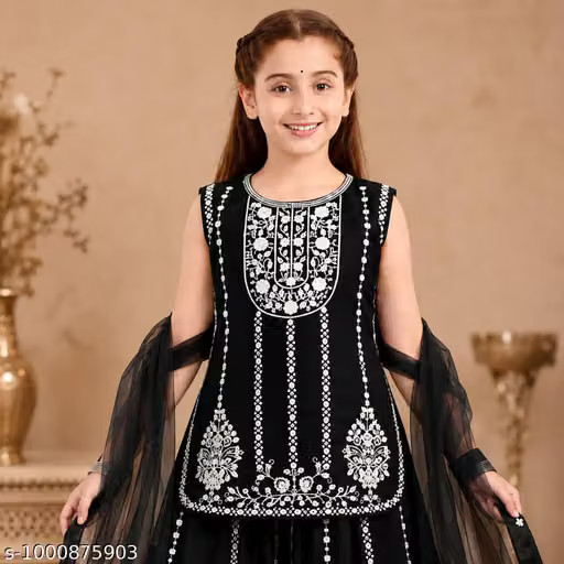 Embroidered Sharara Suit Set with Net Dupatta Kids Ethnic Wear Sleeveless KurtI