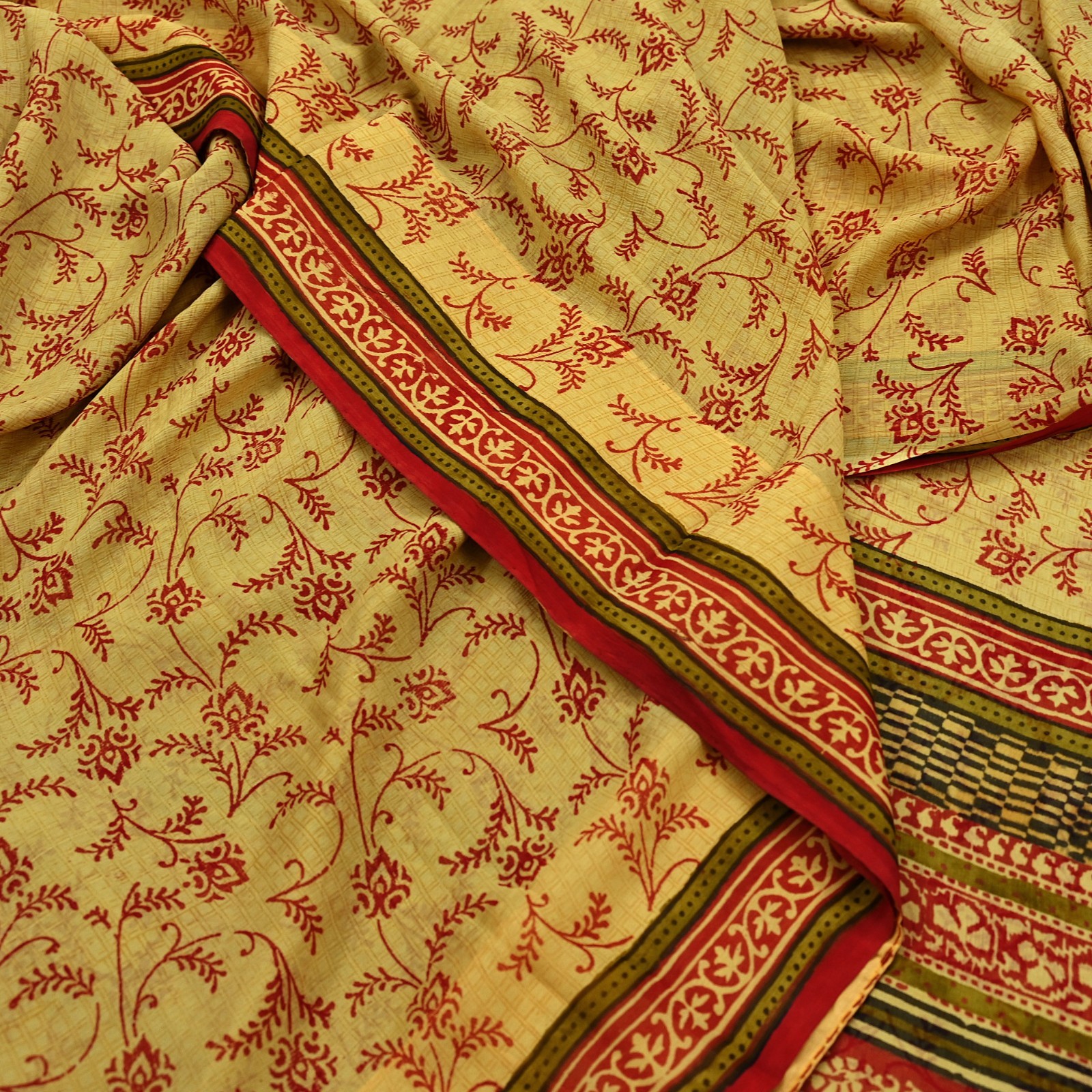 Vintage Sari Yellow & Red Pure Chiffon Silk Printed Saree Sewing 5yd Fabric Soft