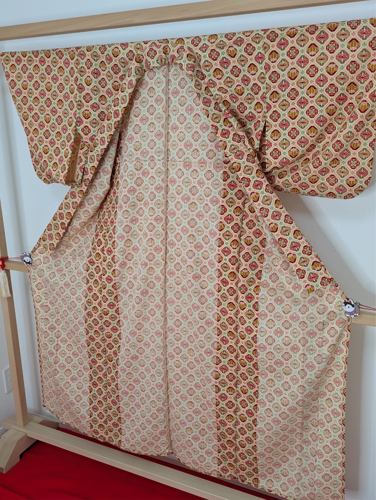 Vintage Japanese Kimono Robe Wool Hitoe Red Beige Geometric Floral Textile Art