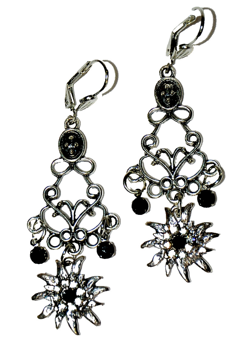 2″ Long NEW Pierced Earrings Dangle Hang Flower Faux Silver Dirndl Holiday Dress