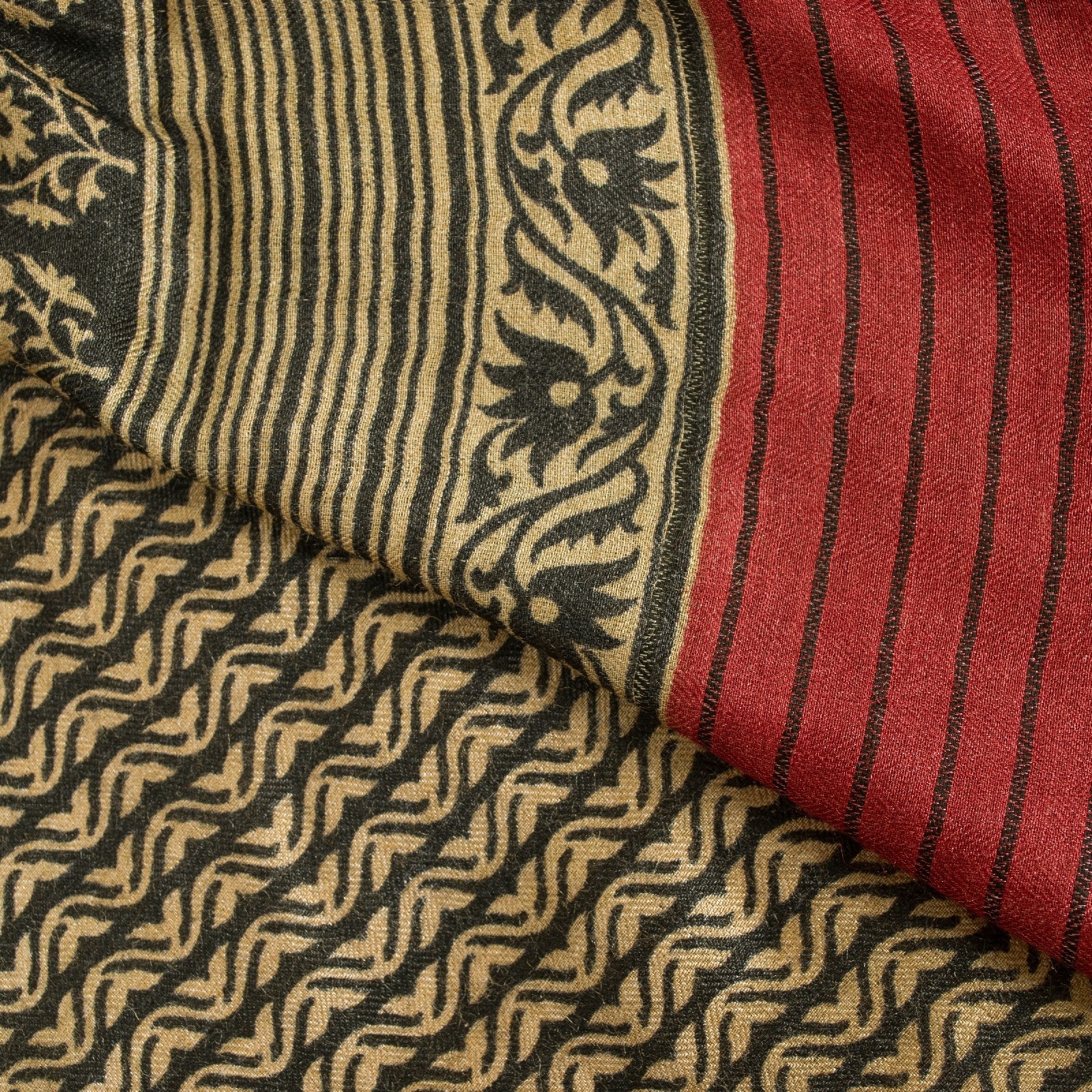 Sanskriti Vintage Sarees Brown & Black Block Printed Pure Woolen 5+Yd Warm Sari