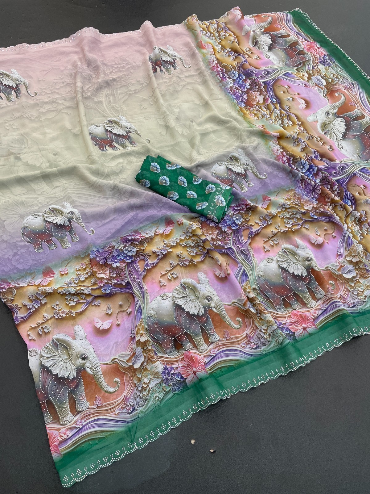 Women’s Green Weightless 3D Digital Elephant Print Swarovski Work Party Wear Sar