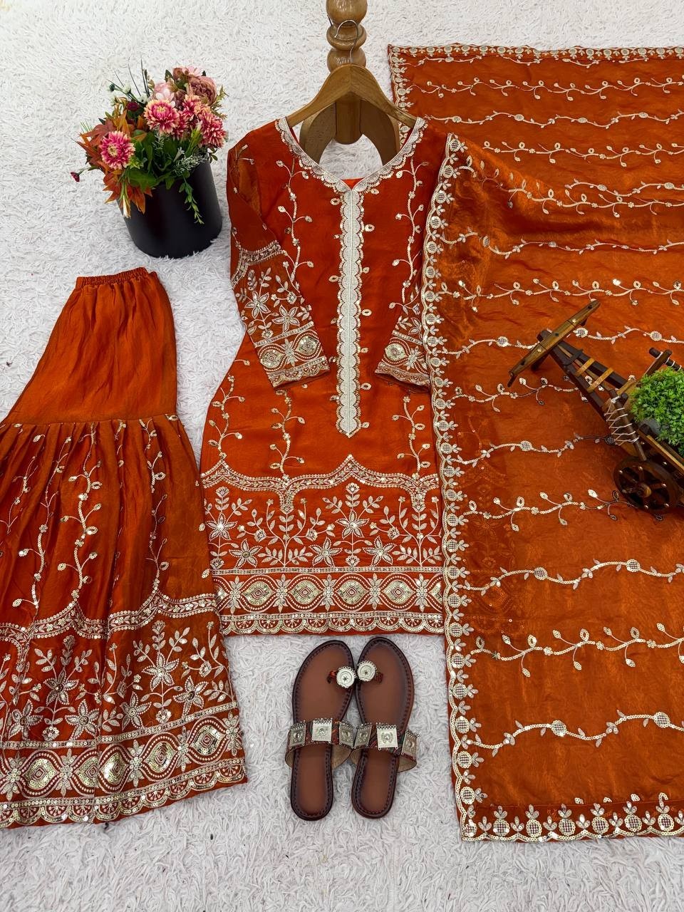 Designer Silk Rust Orange Palazzo Suit With Dupatta For Indian Reception