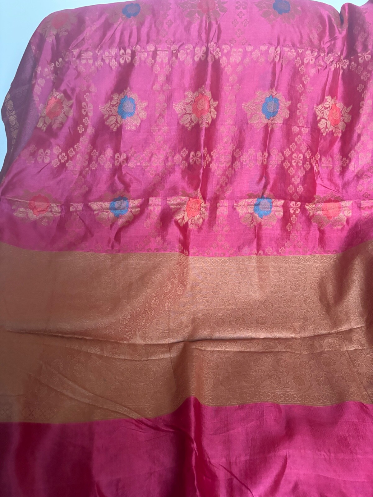 Red and brick red color saree from Benaras, including fall & pico. Gently used.
