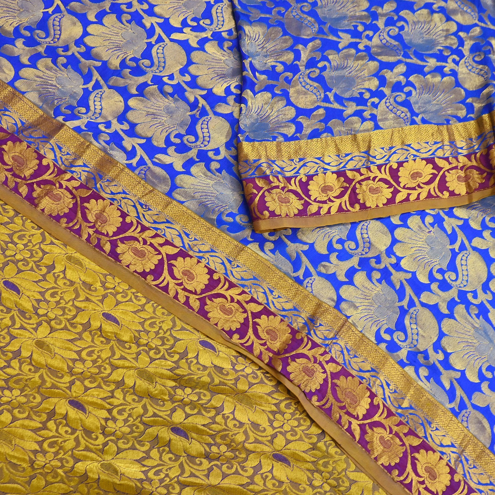 Indian Vintage Heavy Royal Blue & green Kanjivaram Saree 100% Pure Silk Sari 5yd