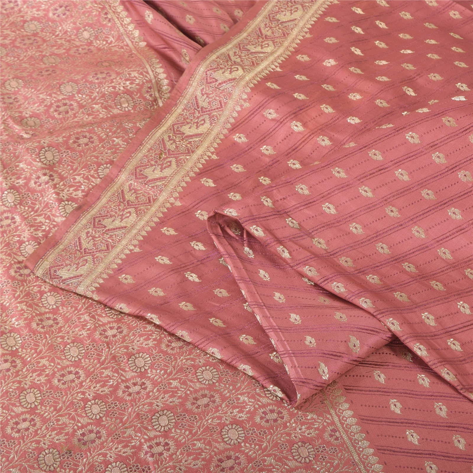 Sanskriti Vintage Pink Sarees Pure Satin Brocade Banarasi Zari HandWoven Sari5yd