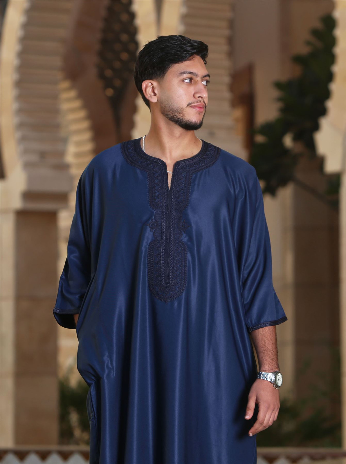 GG008 – Men’s Navy Moroccan Thobe Short Sleeve Gandoura
