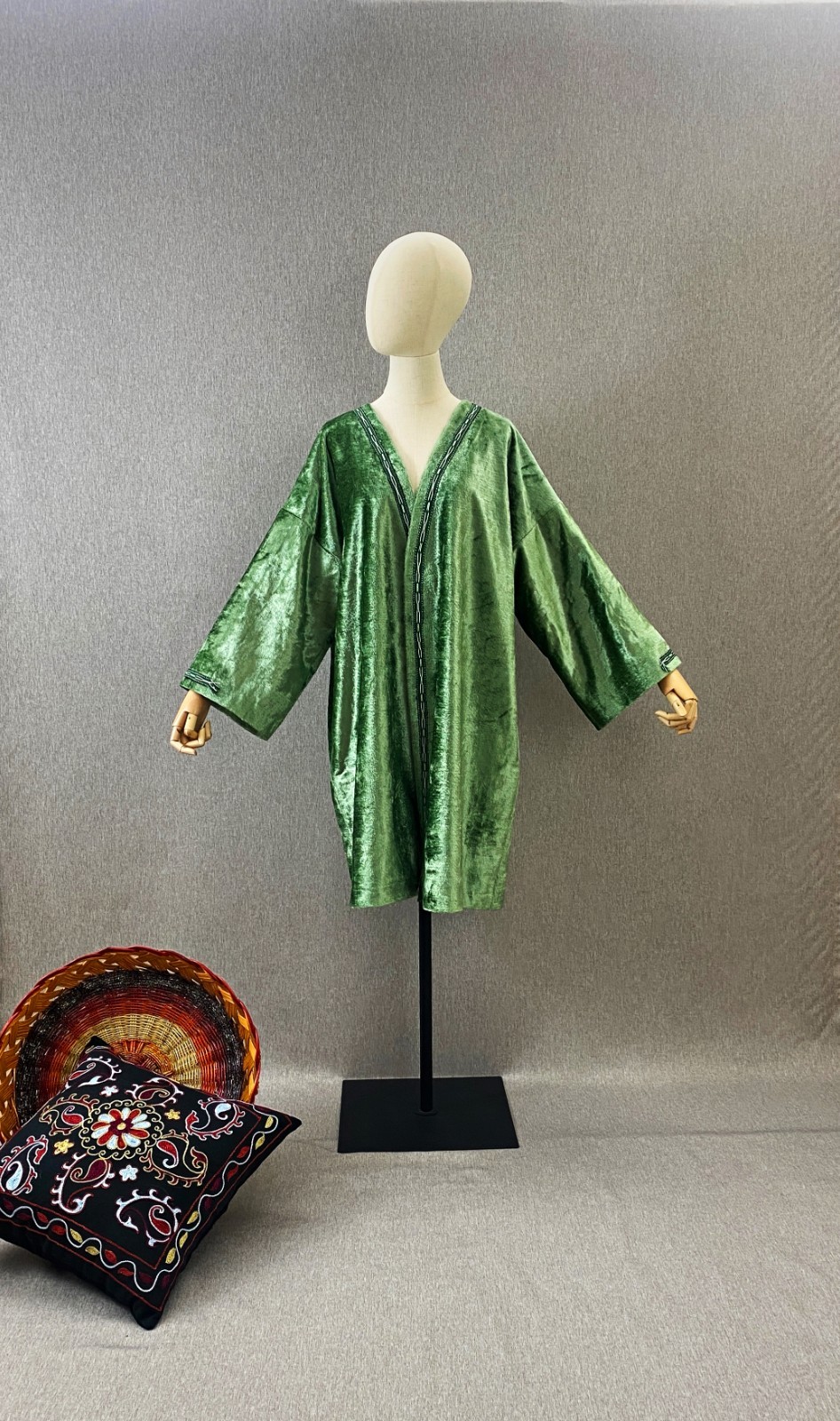Vintage Silk Velvet Jacket Uzbek Ikat Lined Kimono OOAK Handmade Coat Pockets