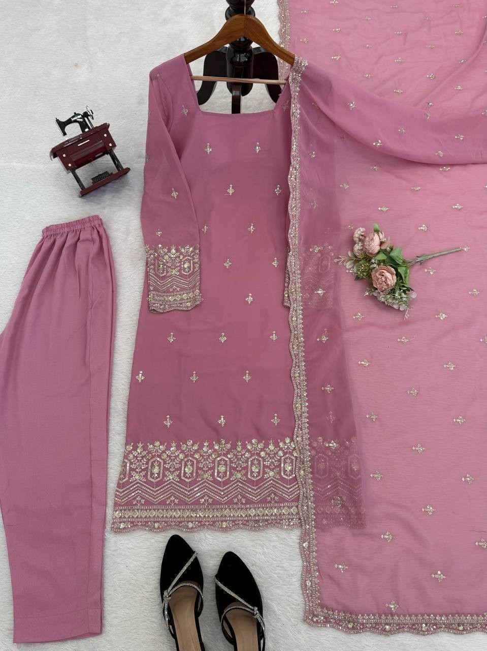 New Designer Faux Georgette Embroidered Sequence Top-Sharara Plazzo & Dupatta