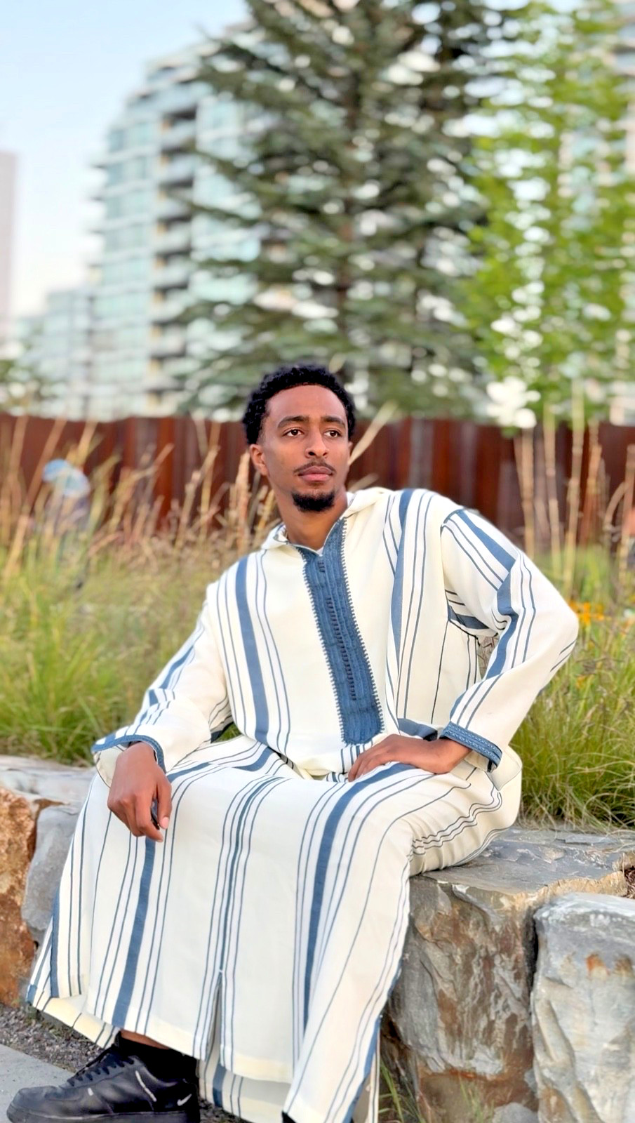Premium Men Moroccan Hooded Thobe – Royal Blue Striped Djellaba – EID SPECIAL!