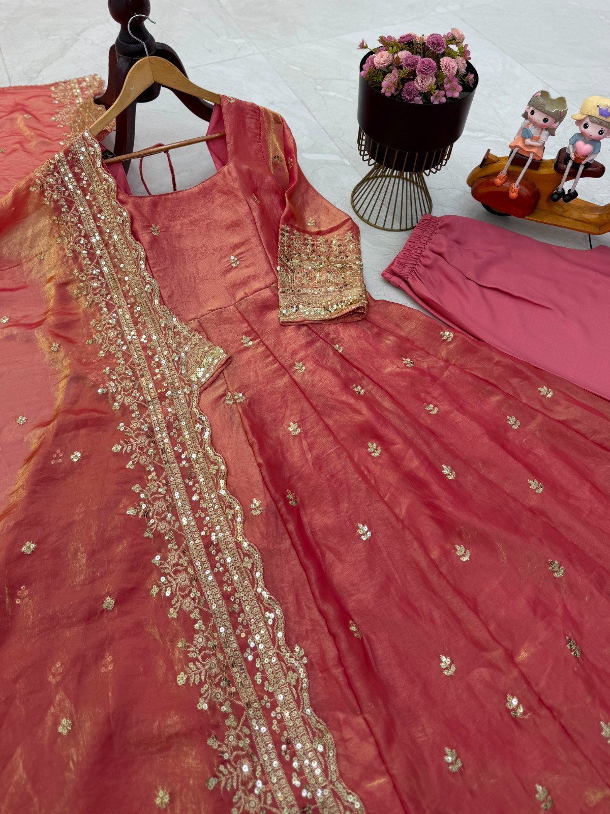 Peach Fendy Silk Designer Ready Made Heavy Embroidery Anarkali Suit Dress S