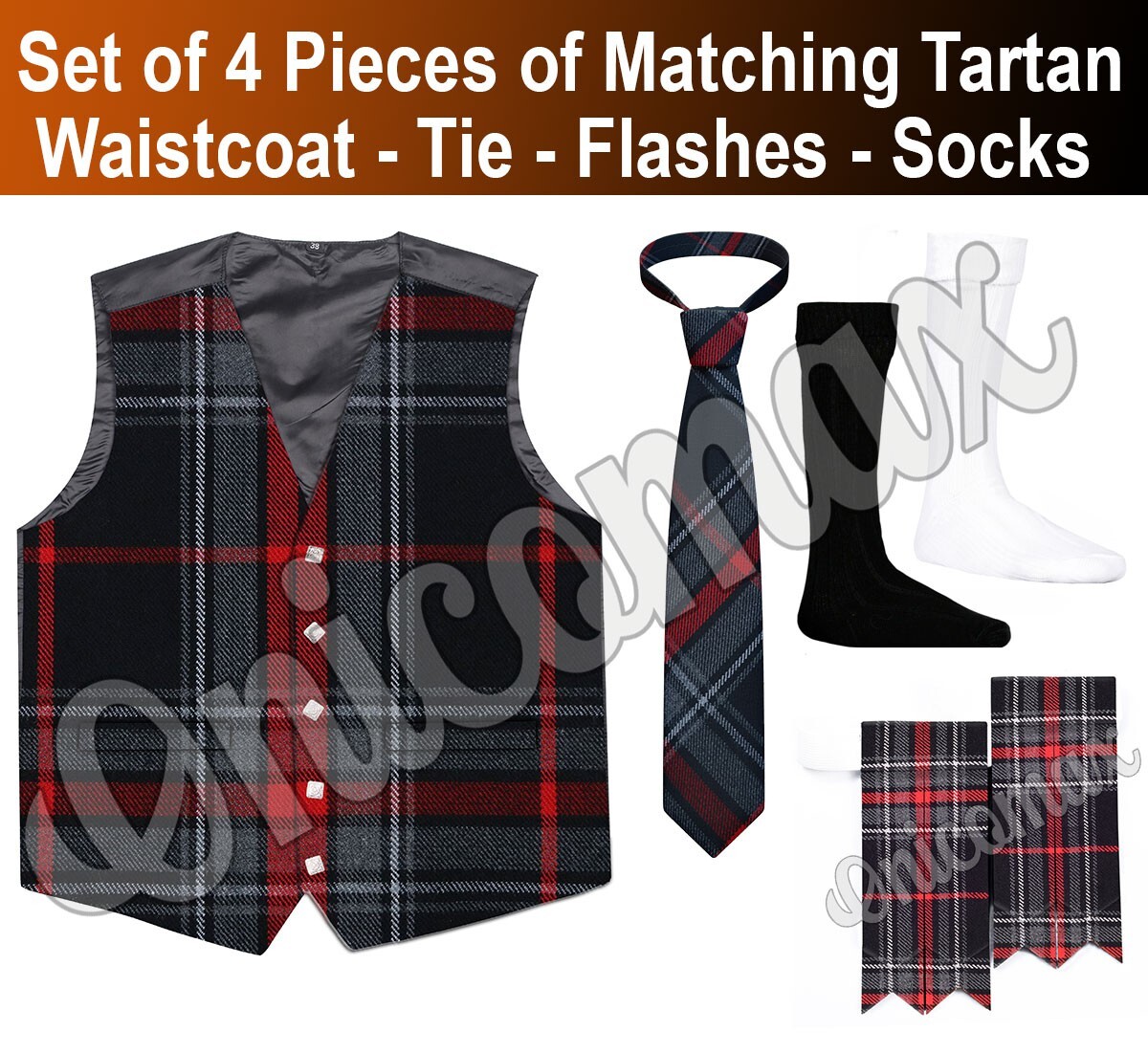 Tartan Kilt Vest for Men SCOTTISH Waistcoat Bias Cut 5 Button Flashes Tie Socks