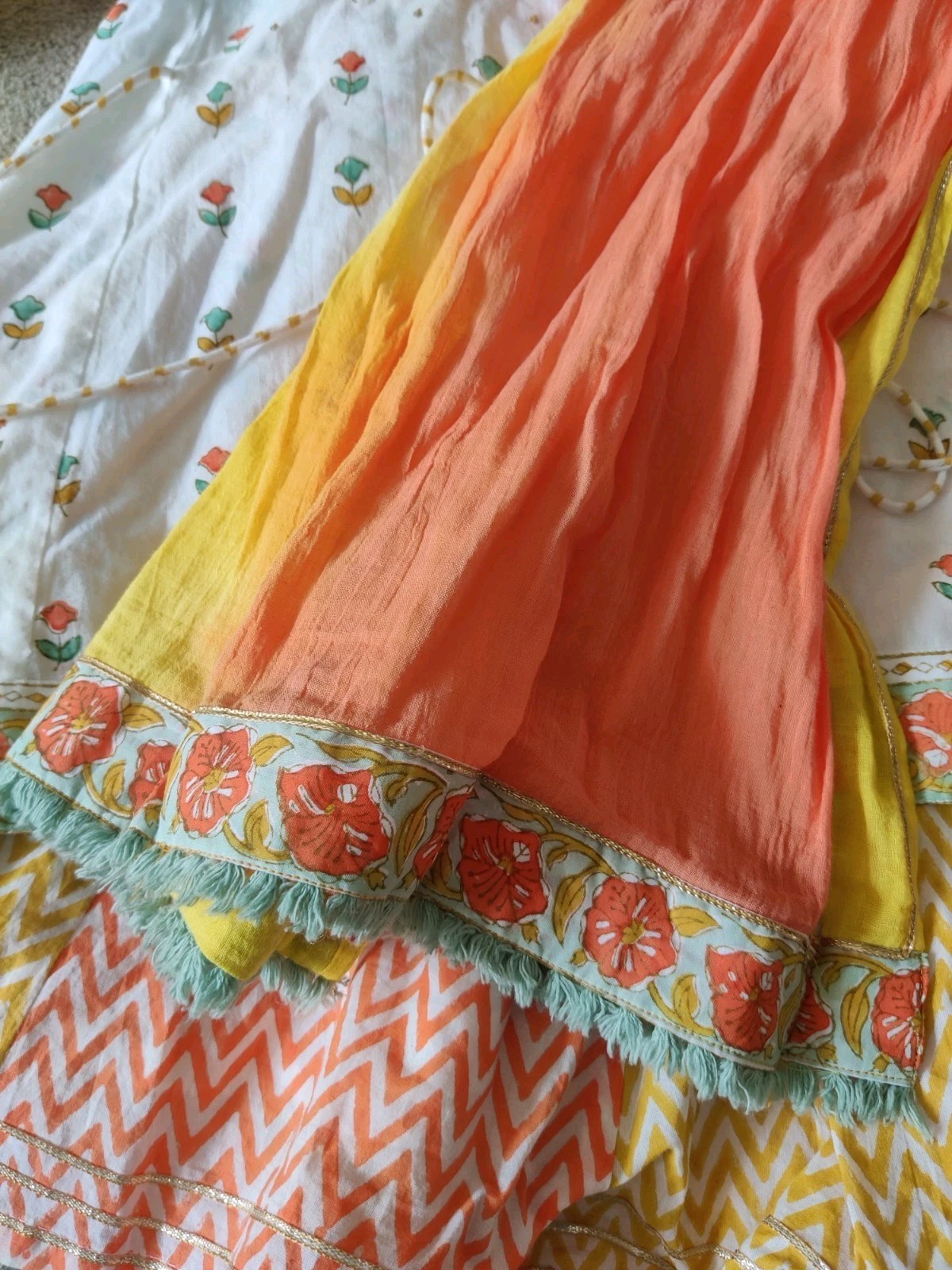 Light Summer Cotton Girls Indian Lehnga Set White Orange Yellow Green 2-3 YRS