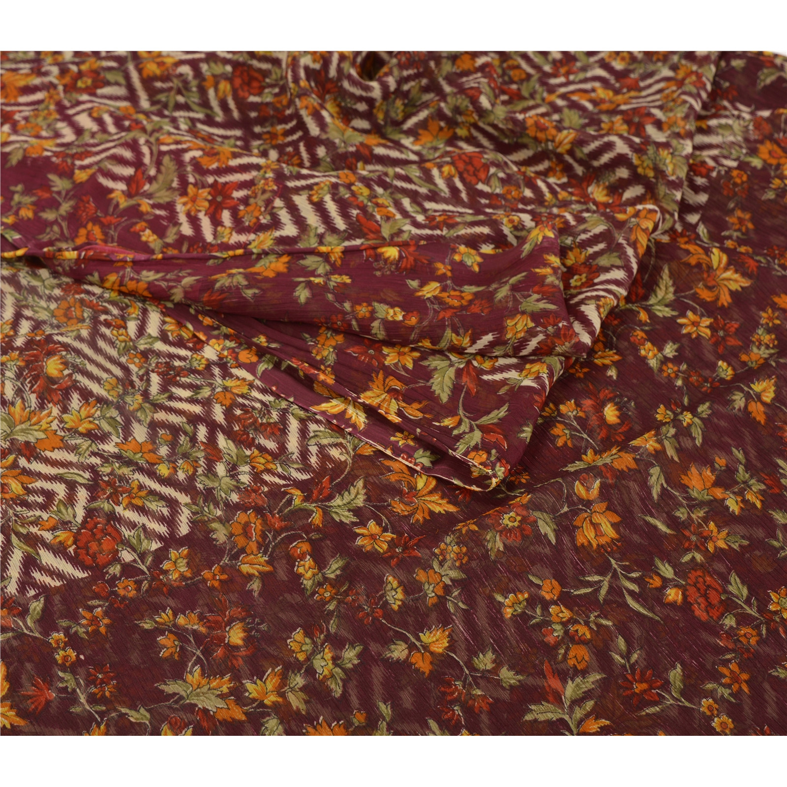 Sanskriti Vintage Dark Red Sarees Chiffon Silk Printed Sari Craft 5 Yard Fabric