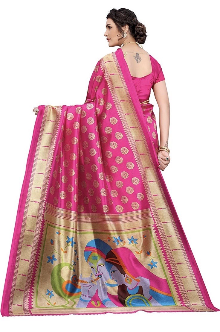 Radha Krishna madhubani butti NWT beige RANI Pallu ART silk Sari W/BLOUSE fabric