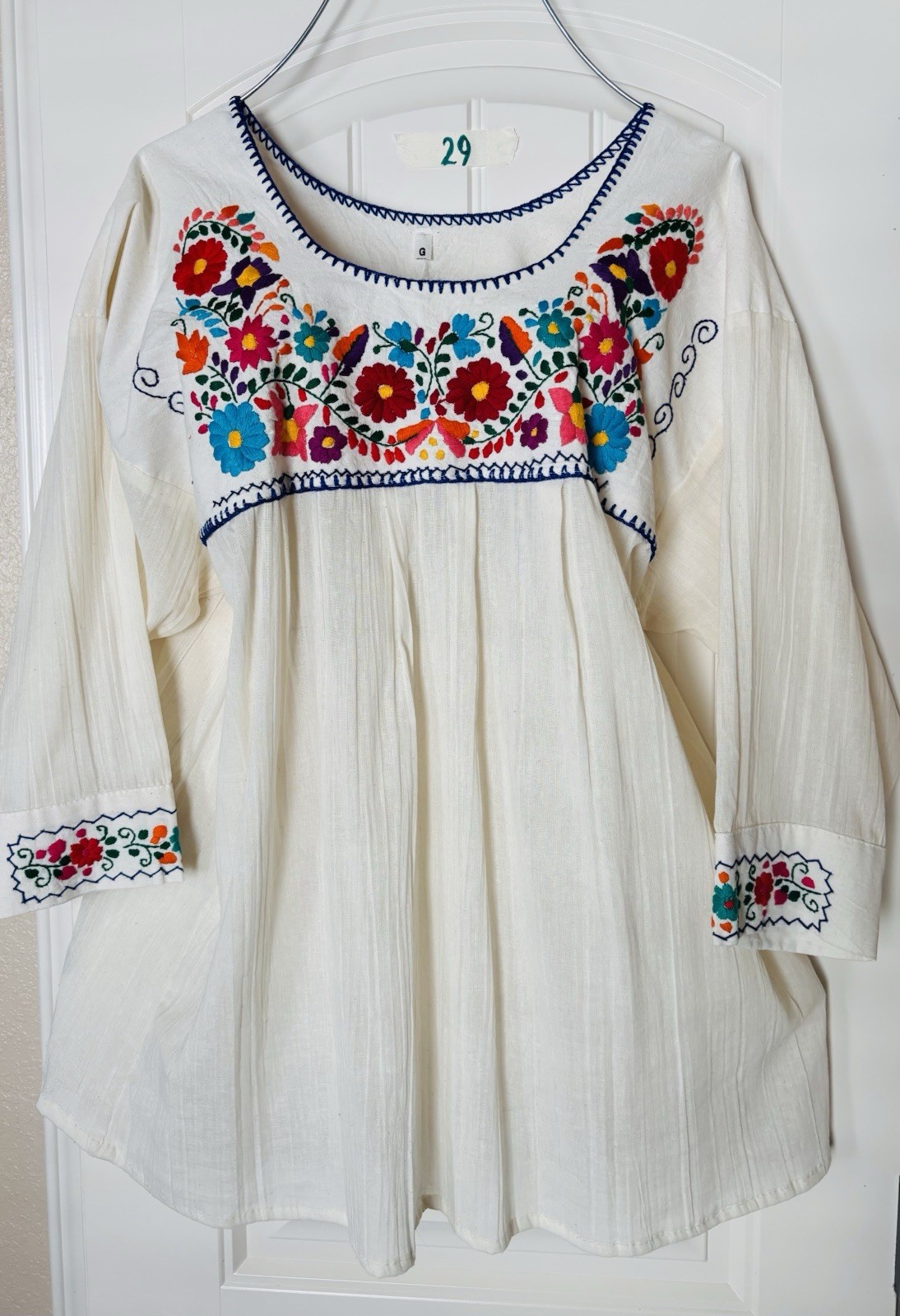 Mexican Embroidered Floral Cotton Dress White Women’s Size L