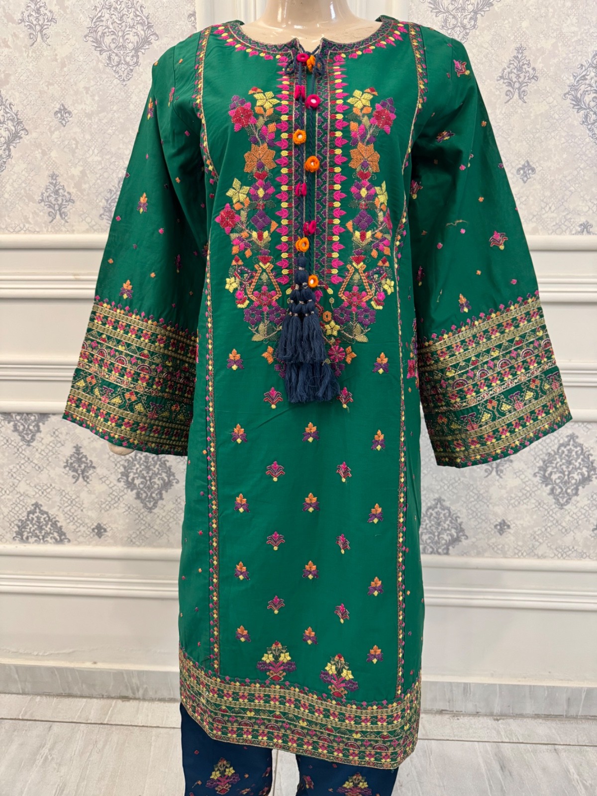 Pakistani Green & Blu luxury cotton/Lawn A-line Shirt 3PCS embroidered dress ,L