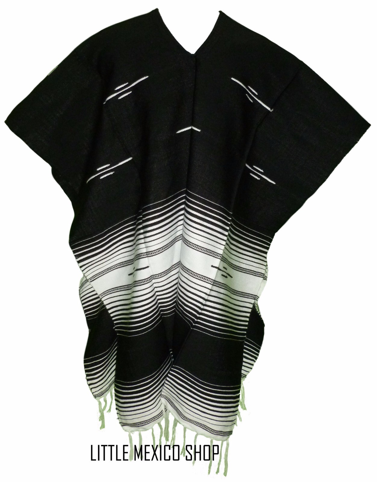 TRIBAL SERAPE Mexican PONCHO – BLACK WHITE – ONE SIZE FITS ALL Blanket Gaban
