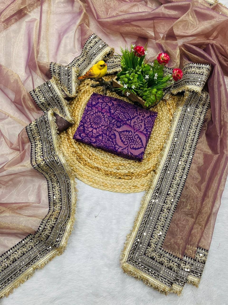 Designer Bollywood Soft Twill Net Saree Sequin Embroidery Party Wedding Sari