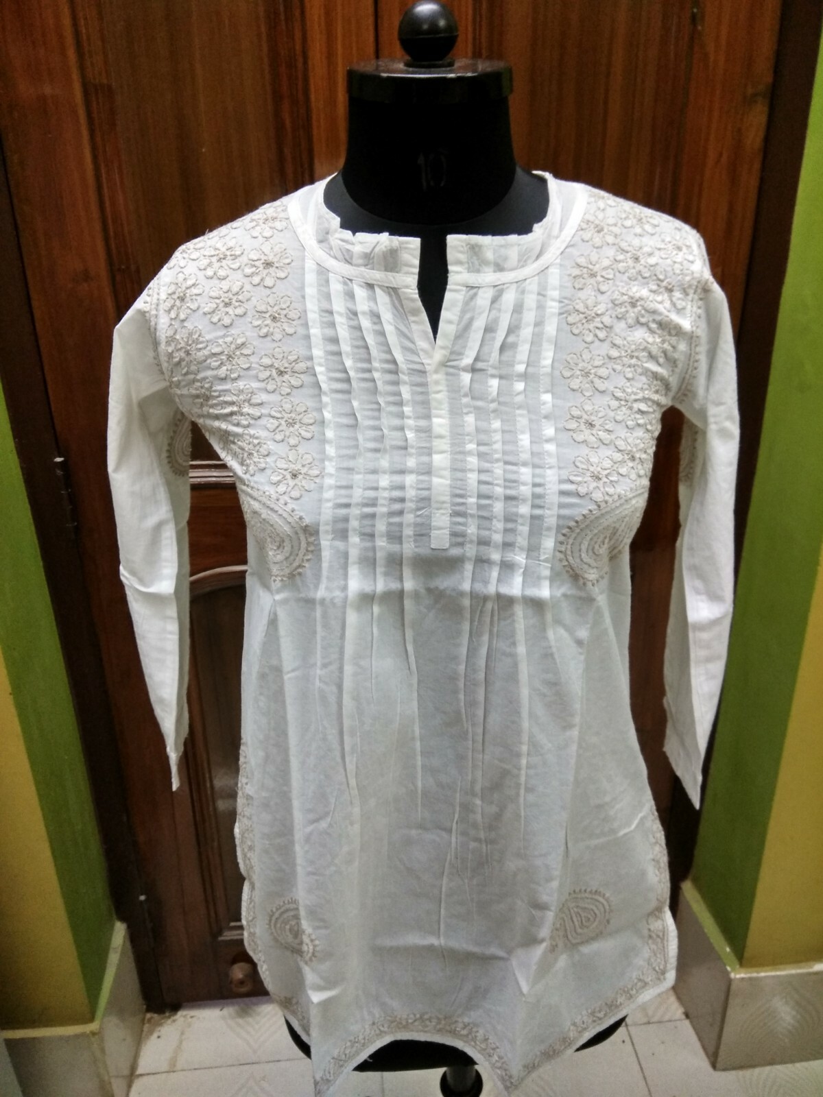2XS 34″ ETHNIC 100% COTTON HANDMADE KURTI CHIKAN EMBROIDERY TUNIC KURTA DRESS