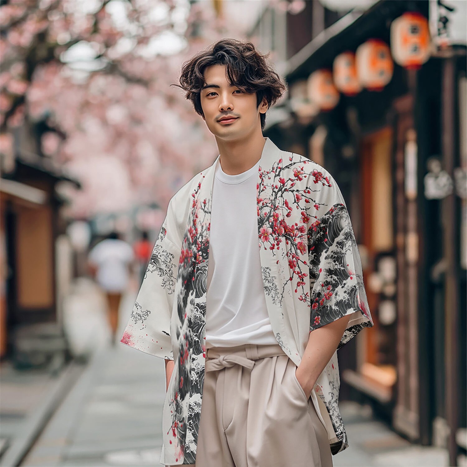 Niepce Men’s Japanese Graphic Lightweight Blossom Waves Kimono Cardigan Shirt