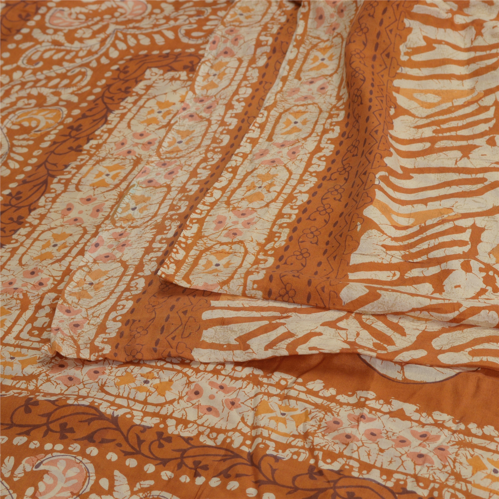 Sanskriti Vintage Sarees Batik Printed Brown 100% Pure Silk Sari 6Ydcraft Fabric
