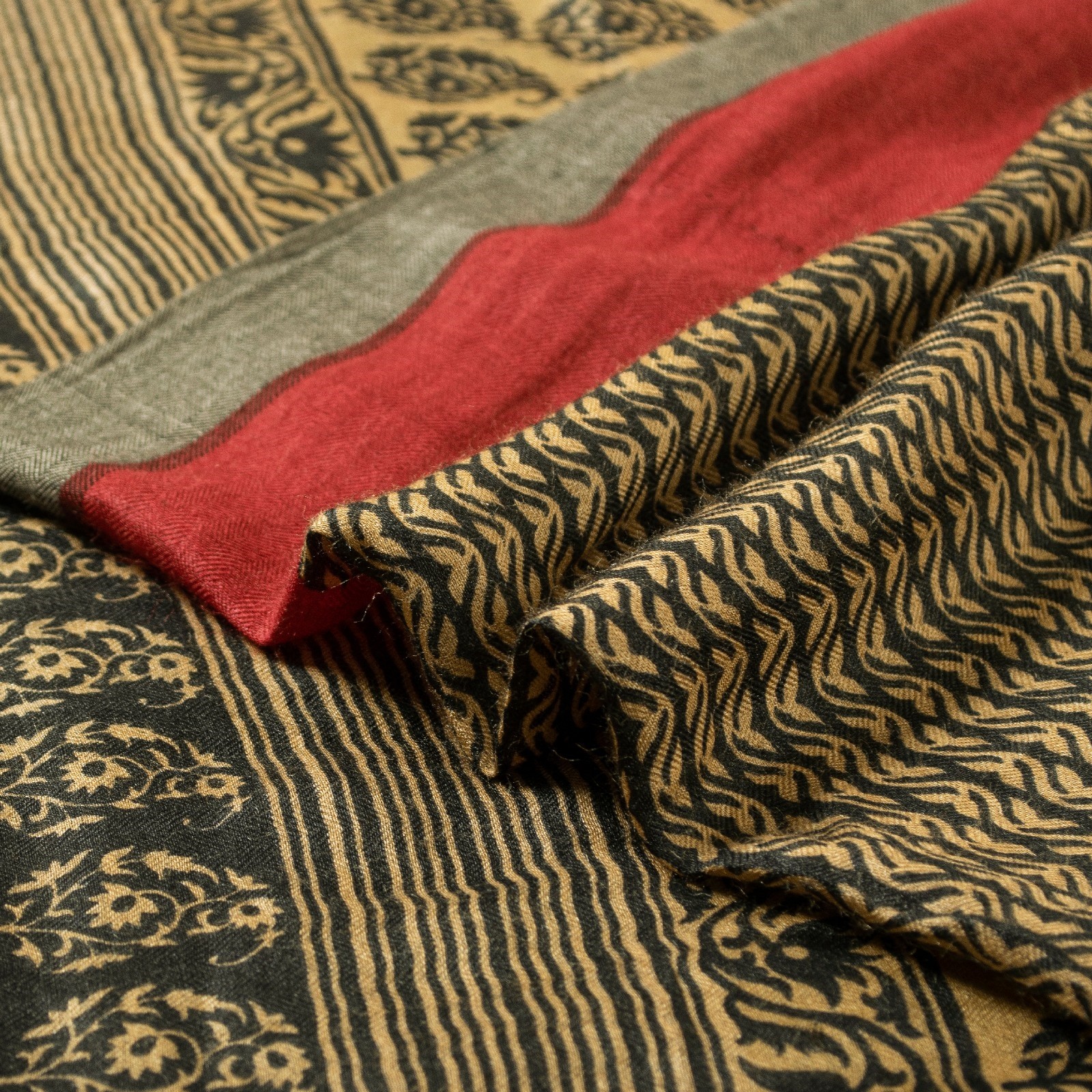 Sanskriti Vintage Sarees Brown & Black Block Printed Pure Woolen 5+Yd Warm Sari