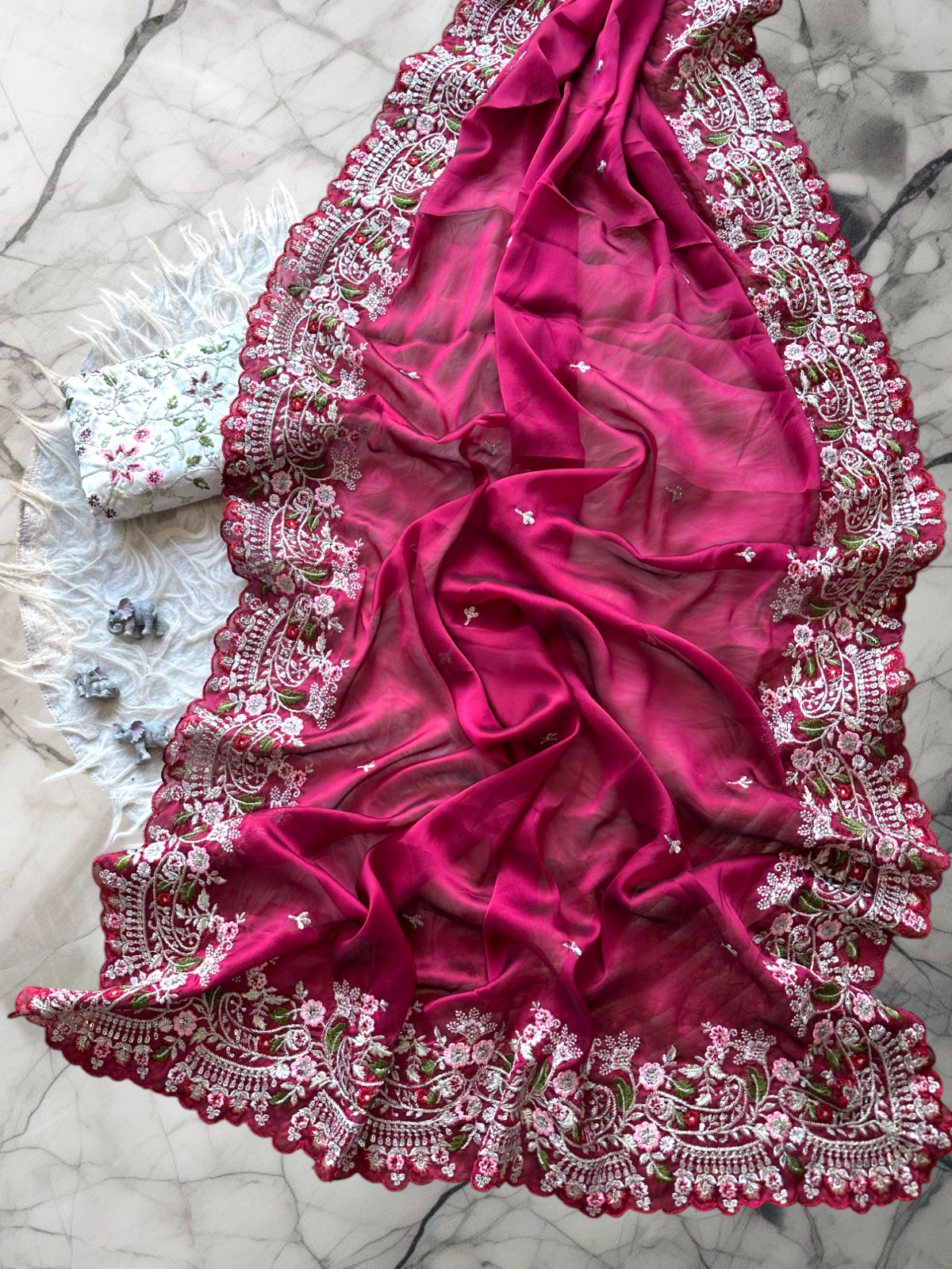 Satin Georgett Silk Saree,Embroidery Silver Codding Sequence Work Saree