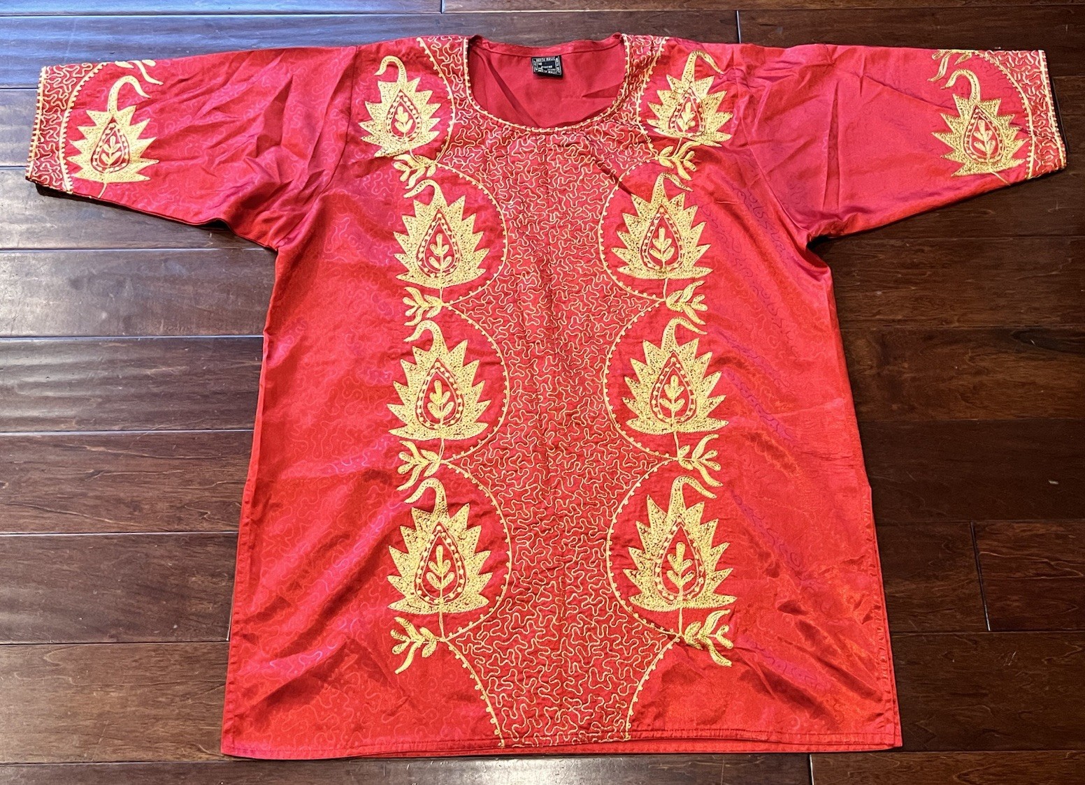 MEETU MAGIC Red Gold Embroidered One Size Muumuu Kaftan Pull Over Tunic Shirt
