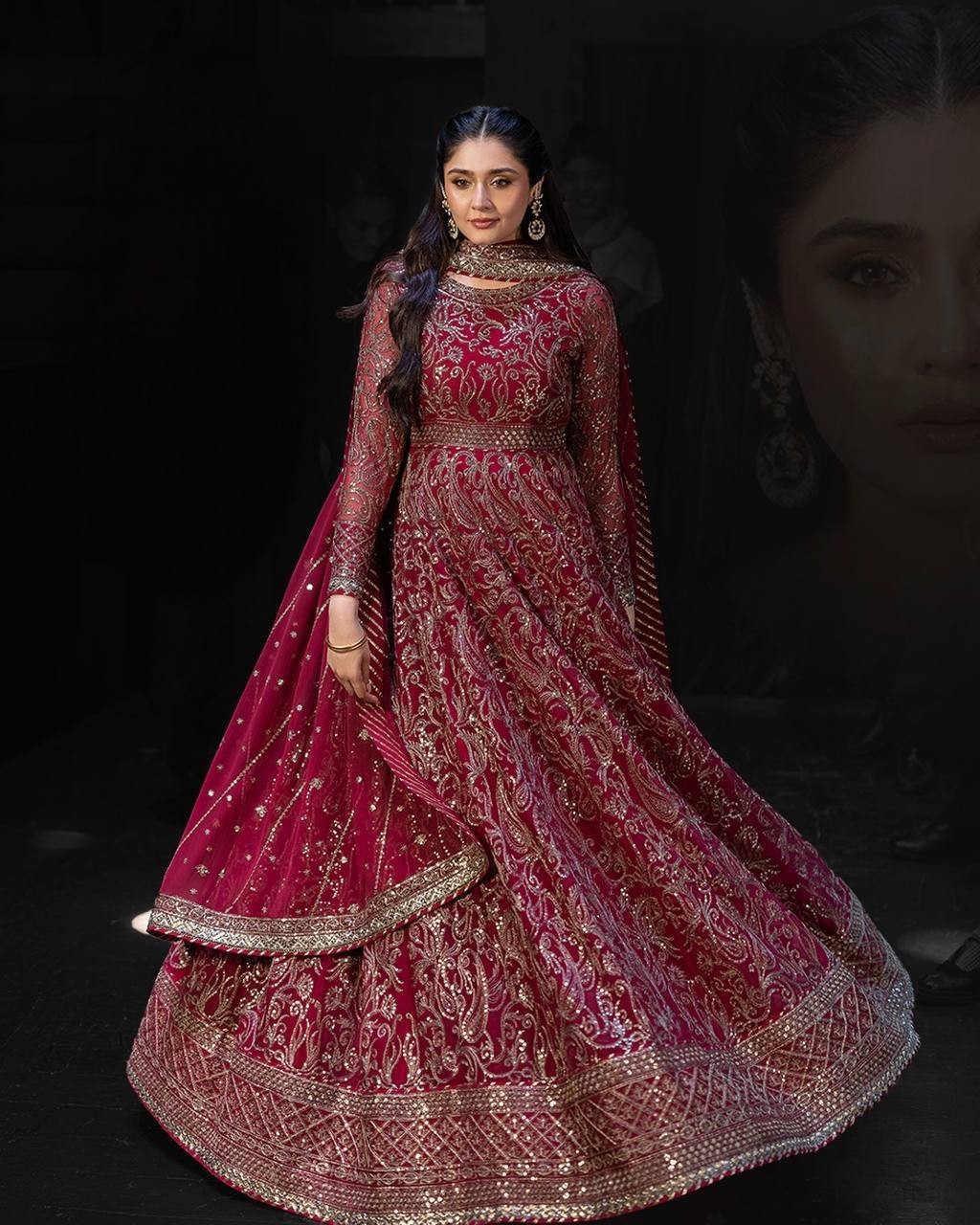 Maroon Anarkali Gown Pakistani Dress Salwar Kameez Ready To Wear Wedding Party L