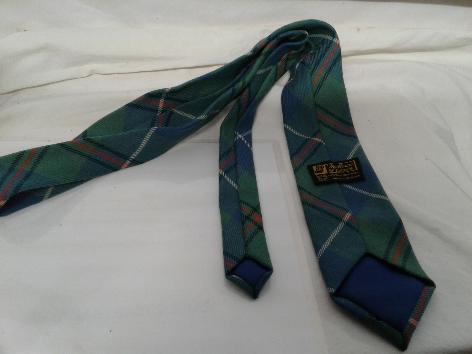 Vintage House of Edgar necktie 100% wool tartan plaid blue/green Scotland pre A