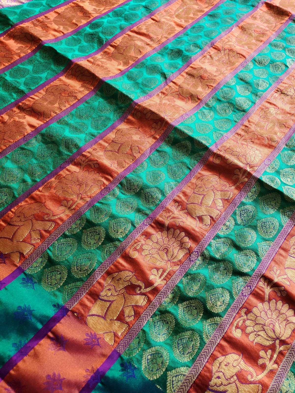 Authentic Pure Silk Dharmavaram Pure Silk Saree Horizontal Panels Green Orange
