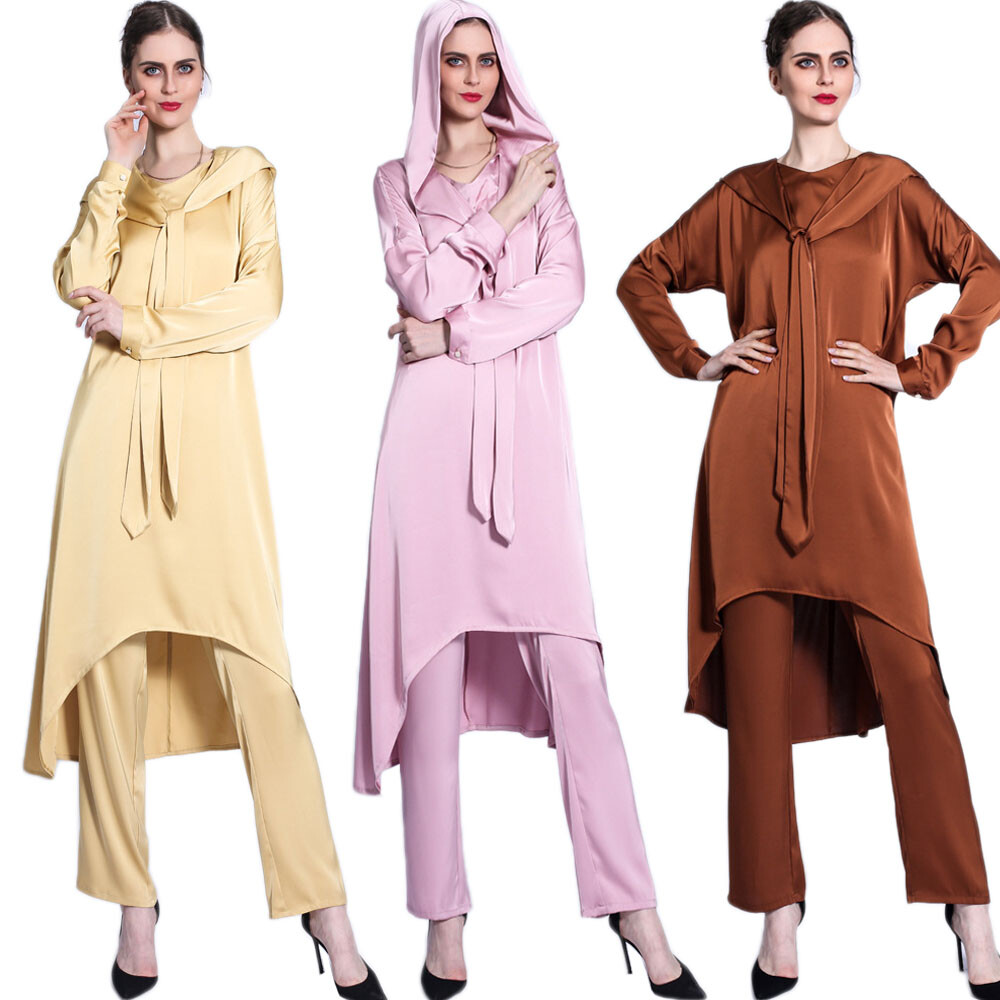 2pcs Satin Dubai Women Hooded Blouse Pants Two Piece Suit Islamic Robe Ramadan
