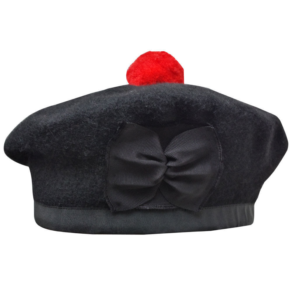 New Scottish Black Wool Blended Balmoral plain & Dice Hat With Red Pompom on Top